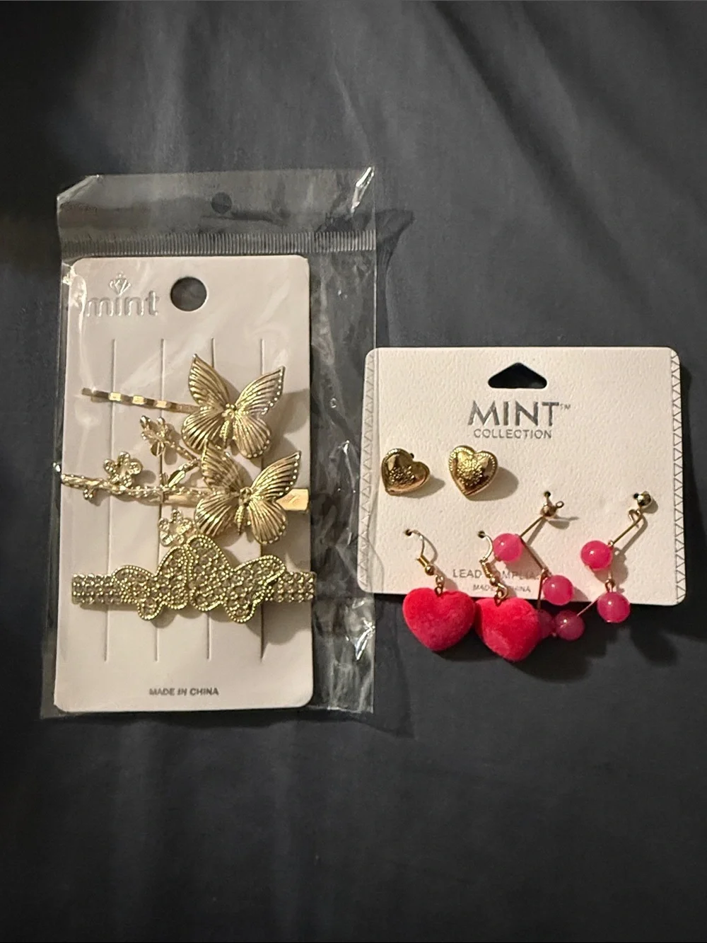Mint Gold Butterfly Hair Clips and Pink Heart Earrings Set